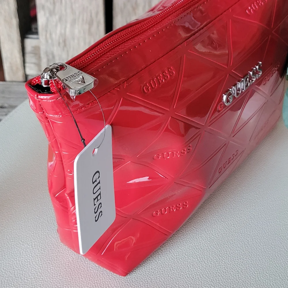 Red Patent GUESS Shiny Finish Embossed Cosmetic Zip Pouch